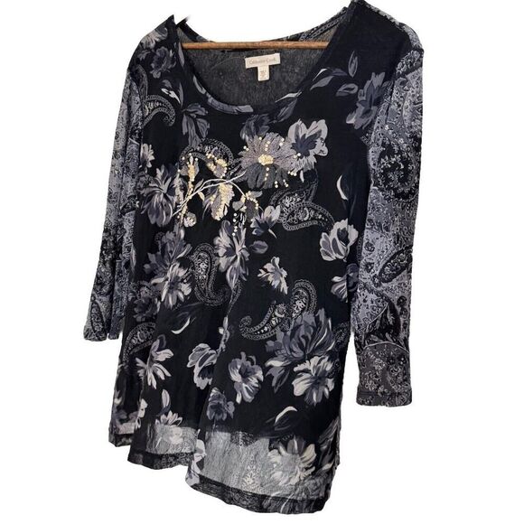 Coldwater Creek  2X Plus Semi Sheer Top Y2K Graphics Sequin Dark Floral - Picture 1 of 10